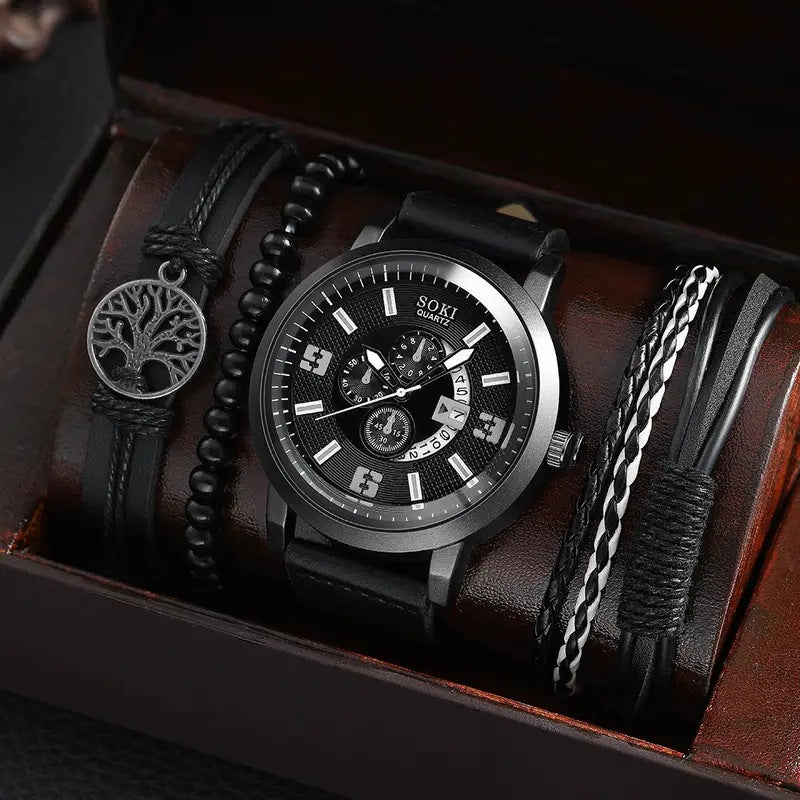 Men's Business Quartz Watch with Beaded Bracelet