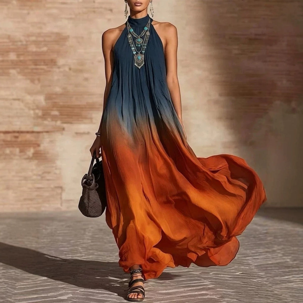 Halter Neck Gradient Color Bohemian Long Dress