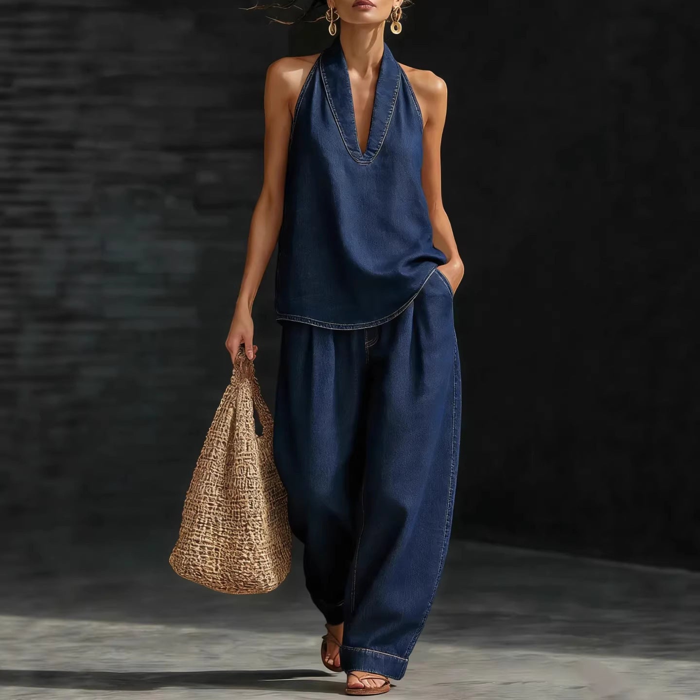 Vintage Button Denim Top and Wide-Leg Jeans Set