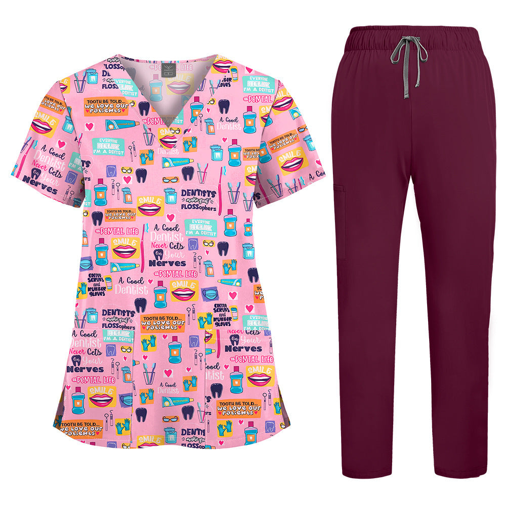 Printed V-Neck Short Sleeve Nurse Uniform Set