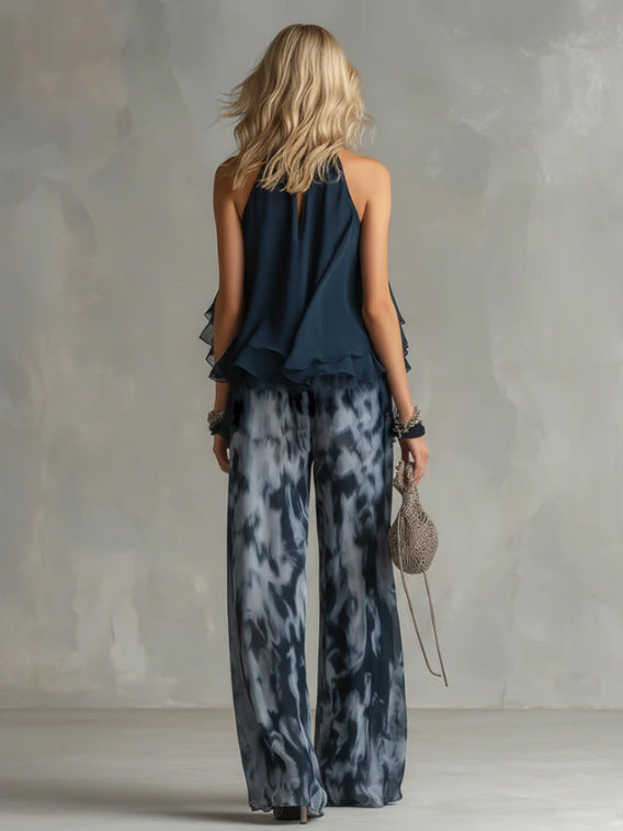 Navy Blue Backless Top and Printed Wide-Leg Pants Set