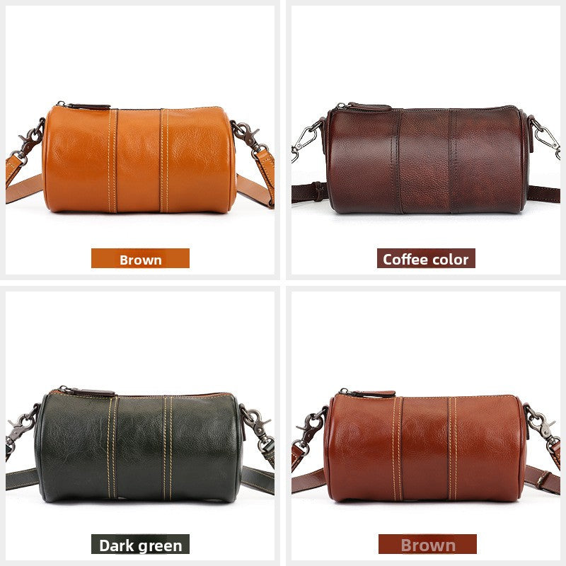 Women's Genuine Leather Cylindrical Crossbody Bag Retro Style