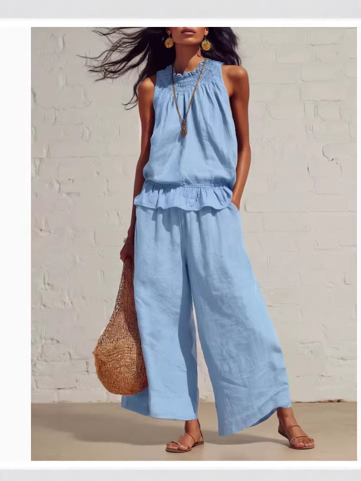 Women's Sleeveless Linen Two-Piece Set with Wide-Leg Pants