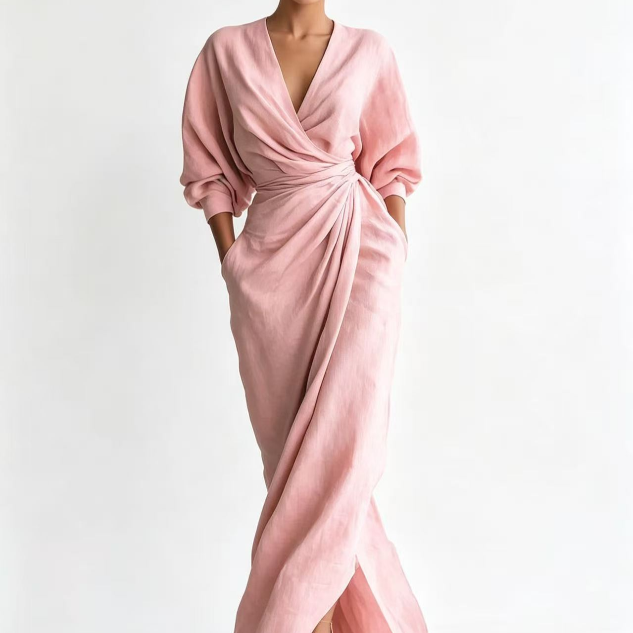 Womens Solid Color V-Neck Long Sleeve Dress