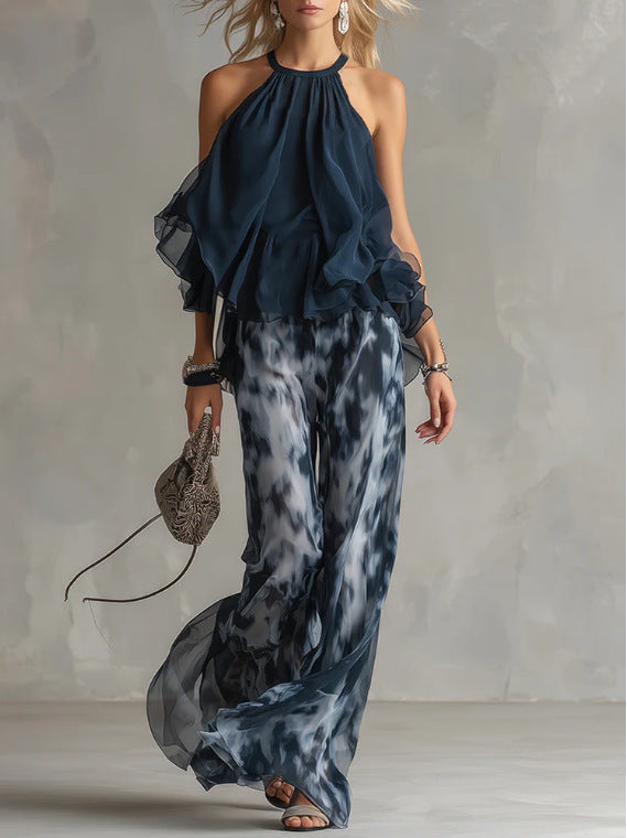 Navy Blue Backless Top and Printed Wide-Leg Pants Set