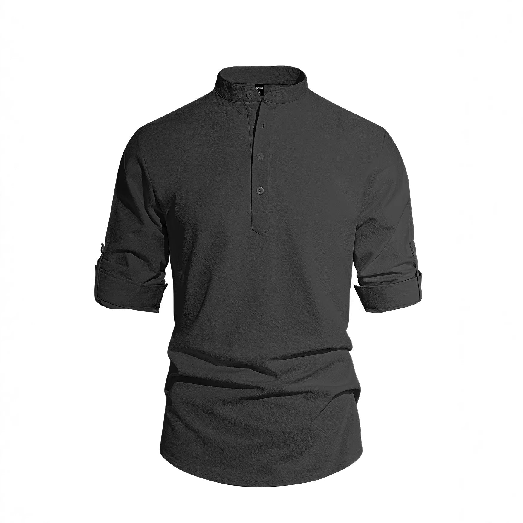 Solid Color Stand-Up Collar Long-Sleeved Cotton and Linen Shirt