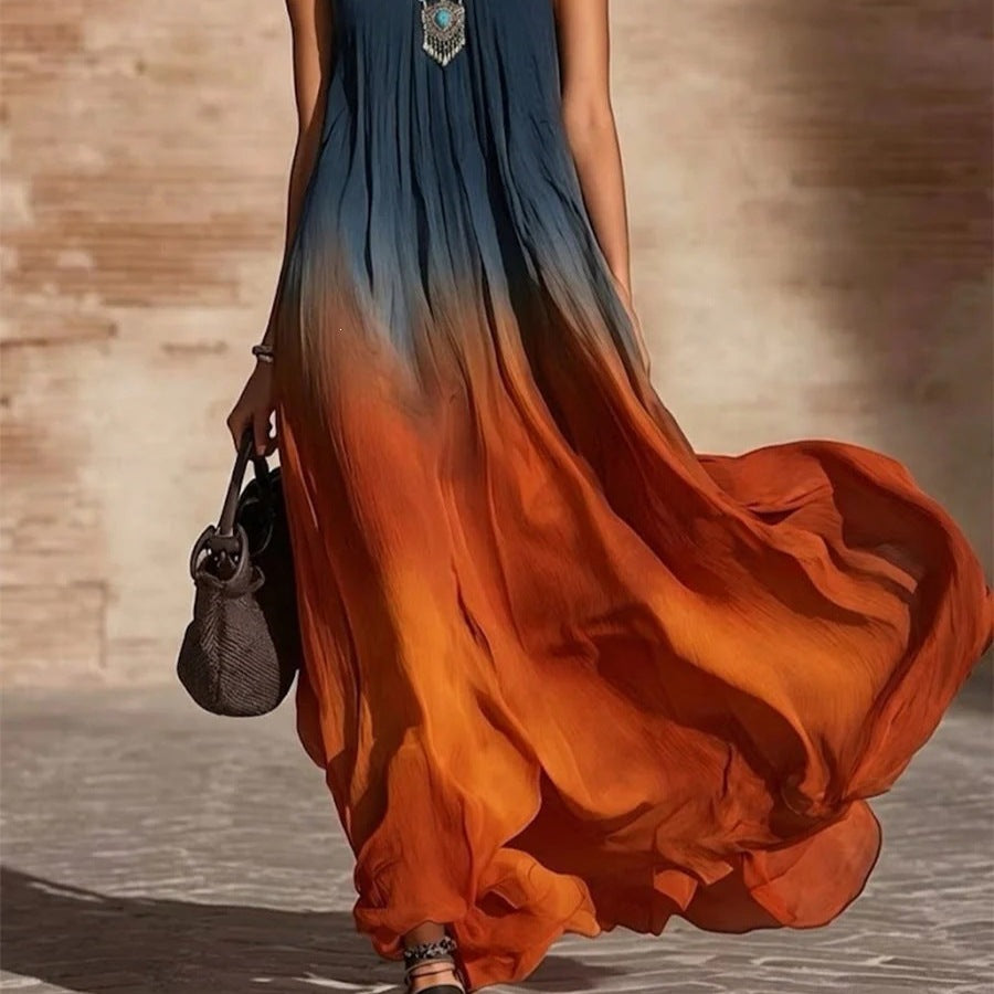 Halter Neck Gradient Color Bohemian Long Dress