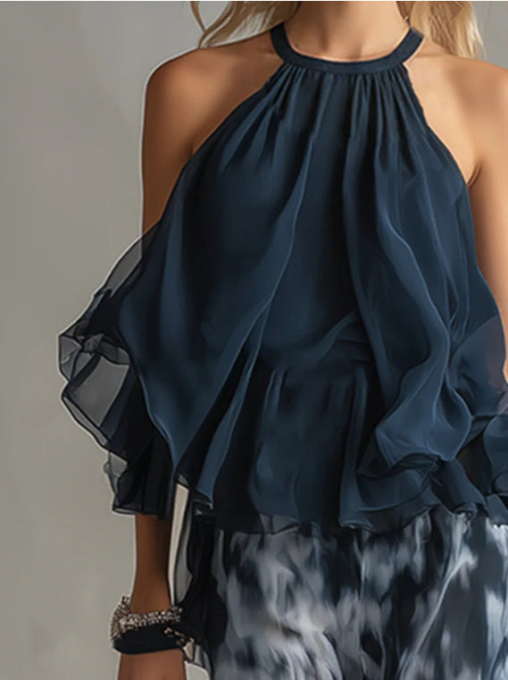 Navy Blue Backless Top and Printed Wide-Leg Pants Set