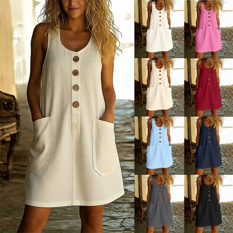 Women Casual Solid Color Button U Neck Sleeveless Cotton Linen Midi Dress