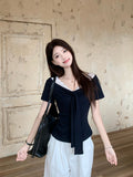 Womens Lace Splicing V-Neck Tie Waist Top