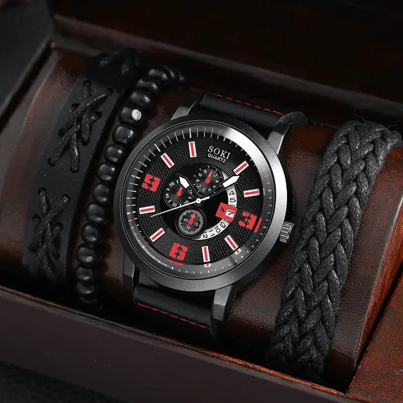 Men's Business Quartz Watch with Beaded Bracelet
