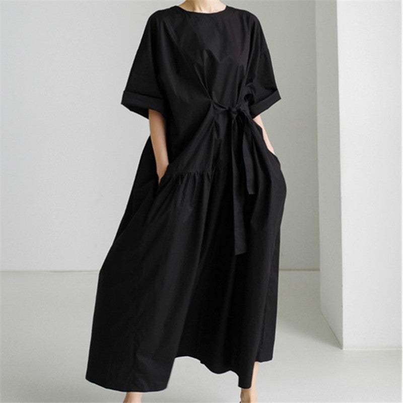 Loose Round Neck Knee Length Cotton Dress