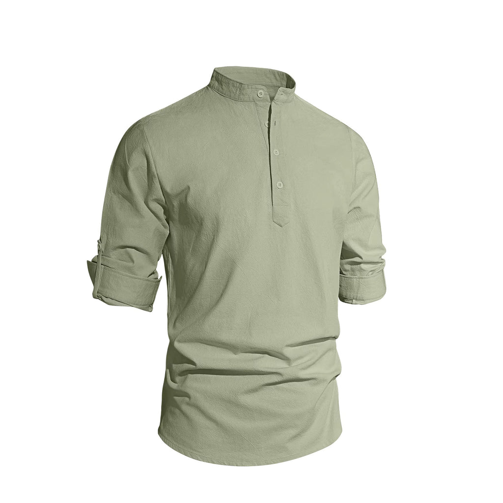 Solid Color Stand-Up Collar Long-Sleeved Cotton and Linen Shirt