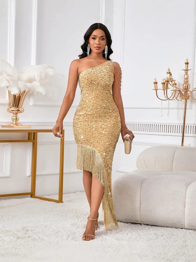 Women's One-Shoulder Crystal Tassel Sequin Dress Evening Gown
