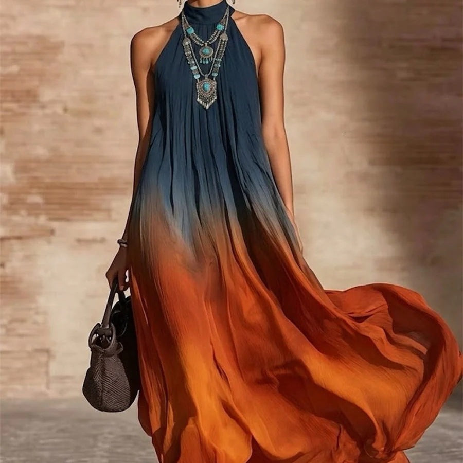 Halter Neck Gradient Color Bohemian Long Dress