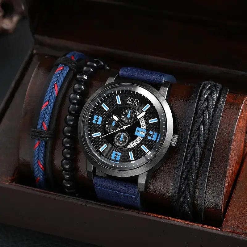 Men's Business Quartz Watch with Beaded Bracelet