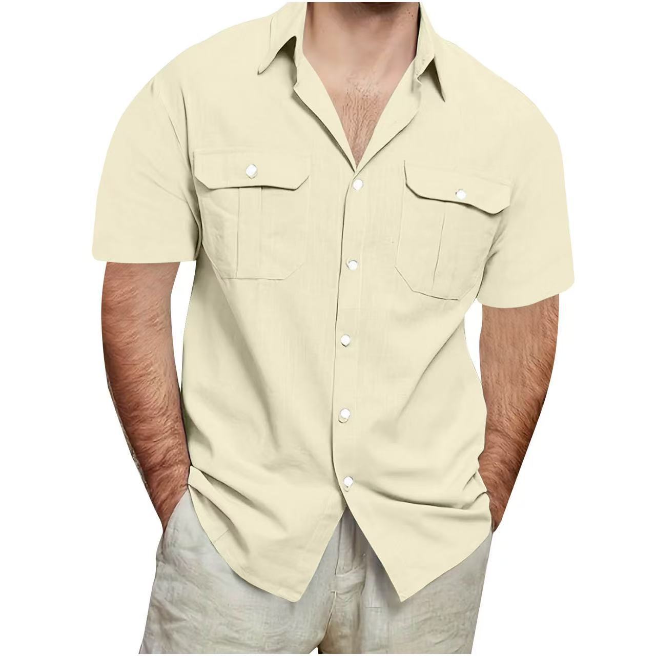 Camisa de algodón y lino de manga corta para hombre