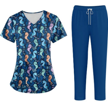 Printed V-Neck Short Sleeve Nurse Uniform Set