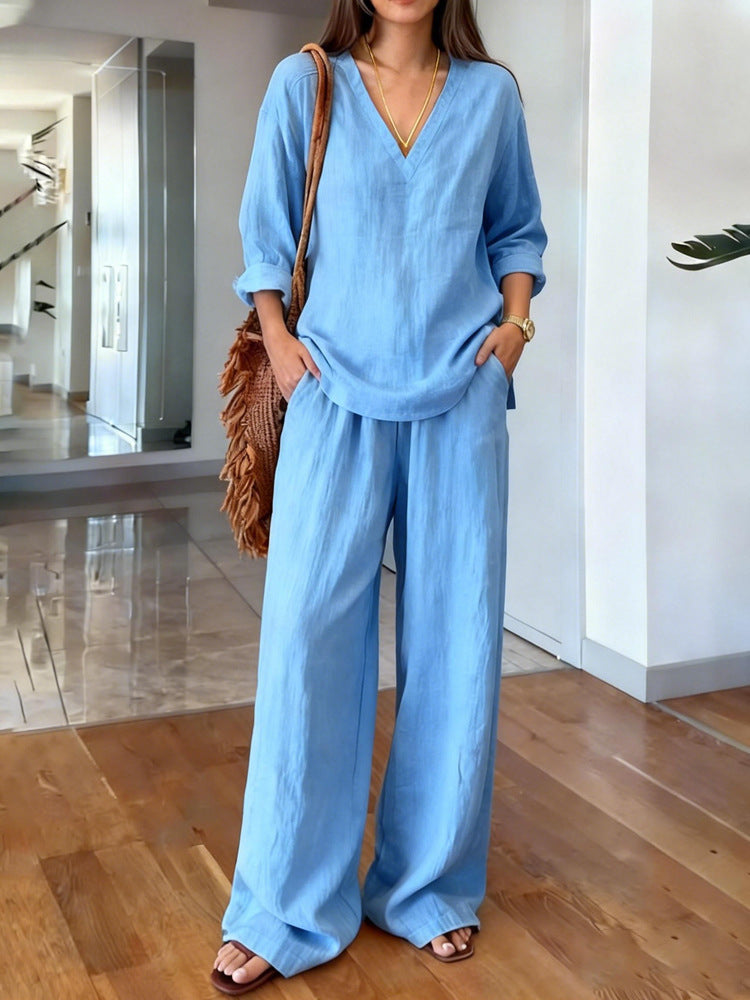 Casual V-neck long-sleeve pants