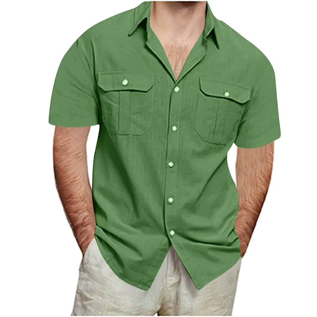 Camisa de algodón y lino de manga corta para hombre