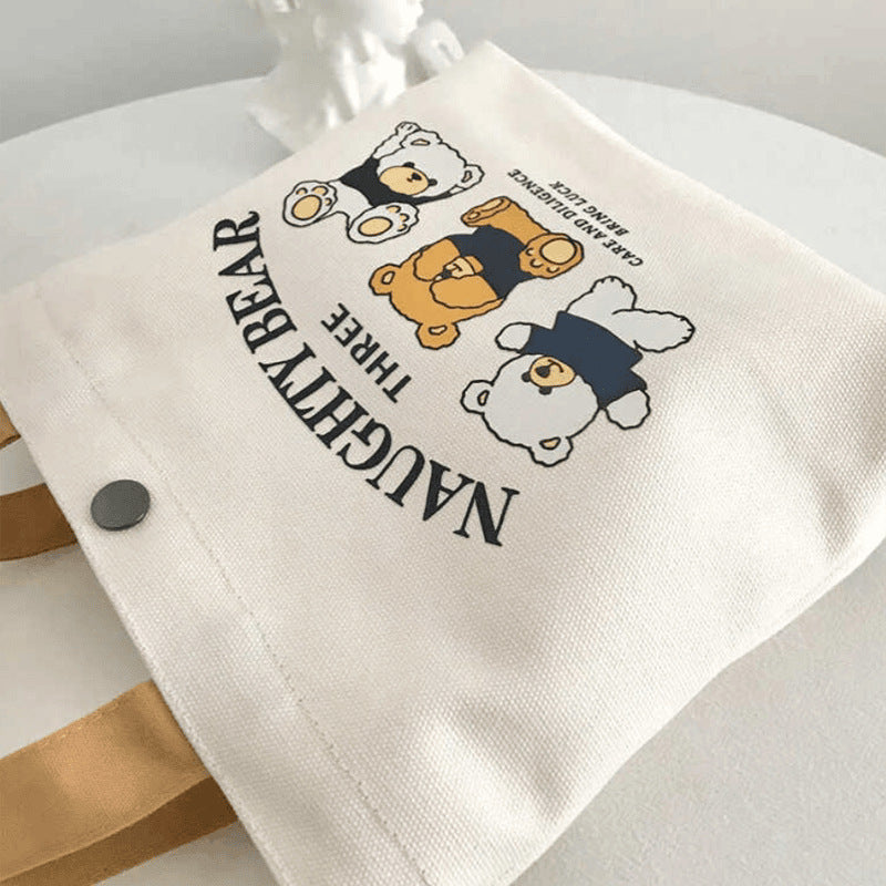 Printed Canvas Tote Bag with Bear Design