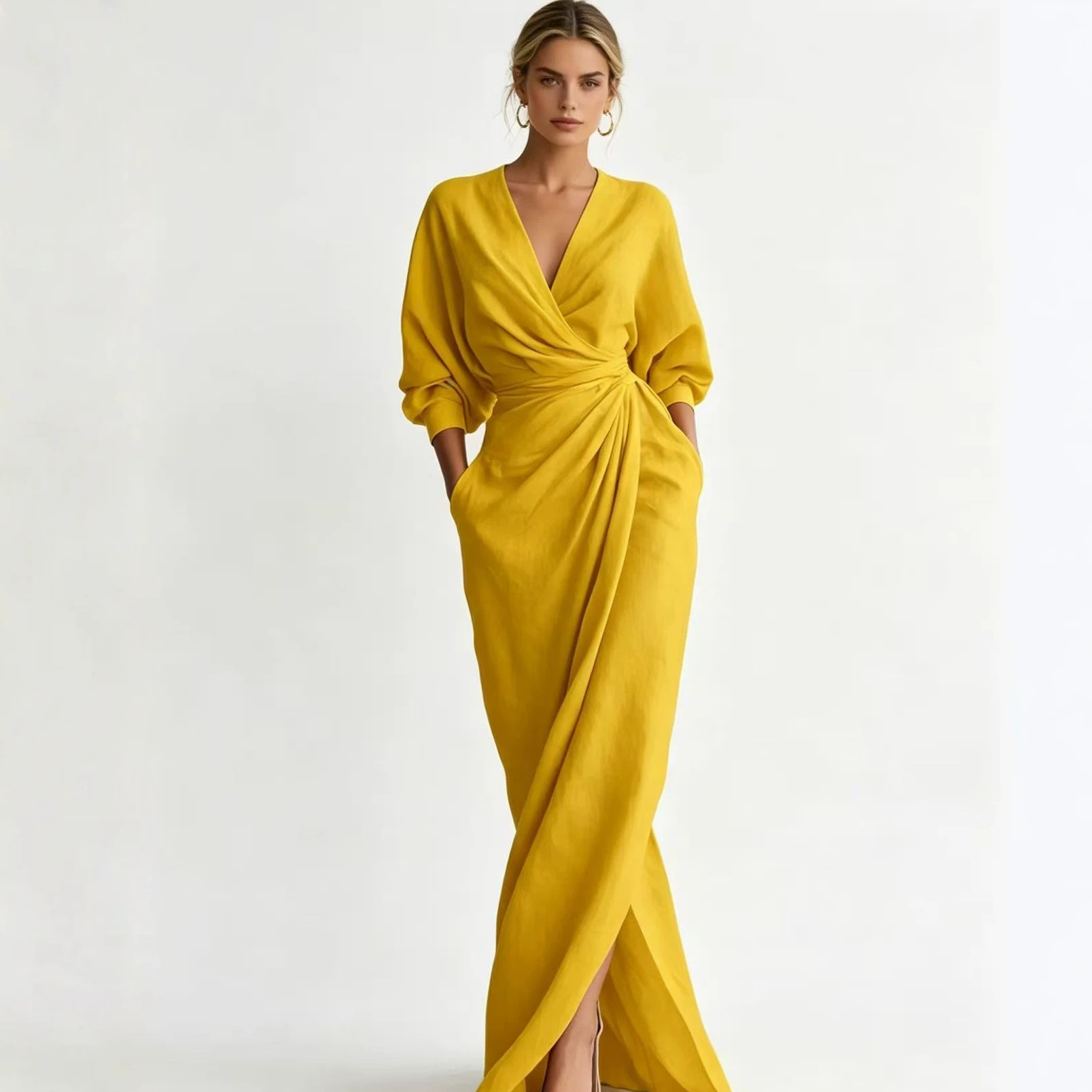 Womens Solid Color V-Neck Long Sleeve Dress