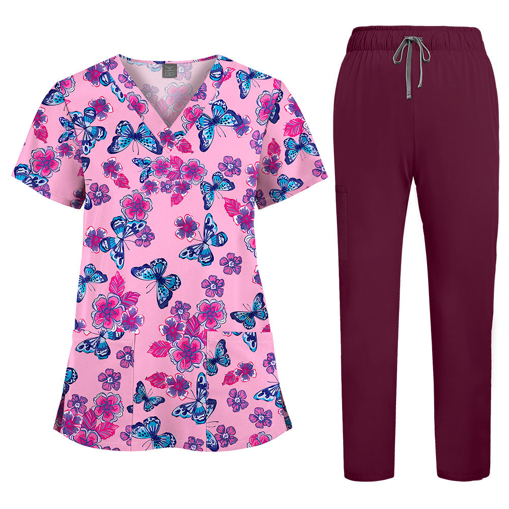 Printed V-Neck Short Sleeve Nurse Uniform Set