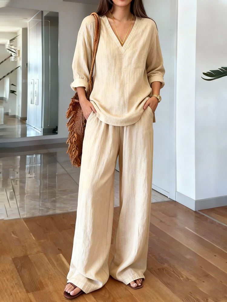 Casual V-neck long-sleeve pants