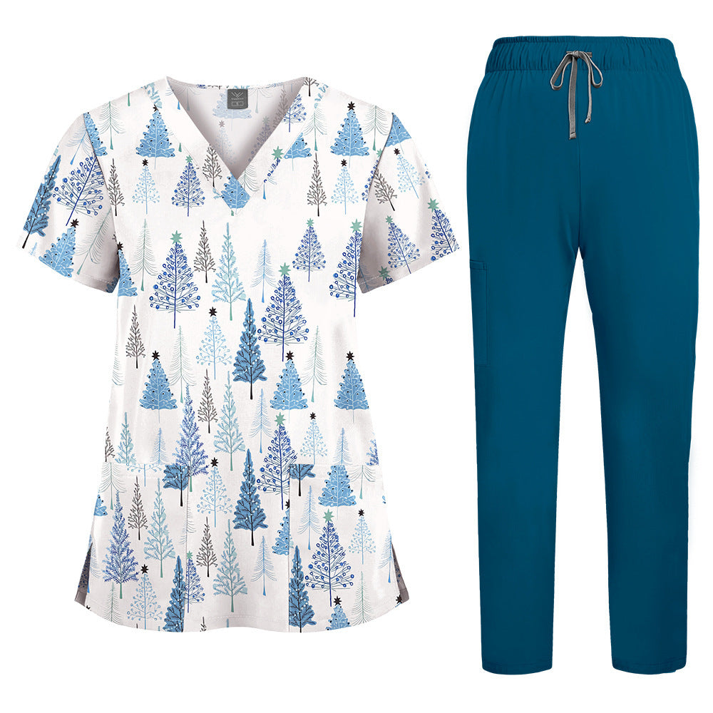Printed V-Neck Short Sleeve Nurse Uniform Set