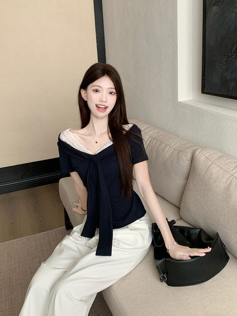Womens Lace Splicing V-Neck Tie Waist Top