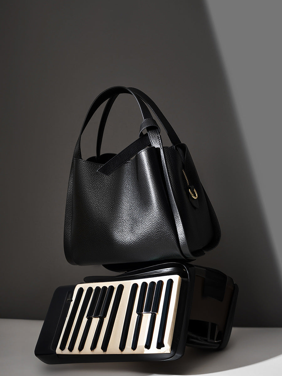 Genuine Leather Bucket Bag with Adjustable Strap