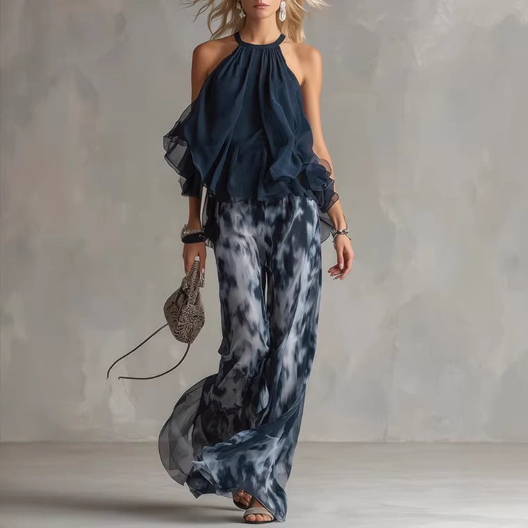 Navy Blue Backless Top and Printed Wide-Leg Pants Set