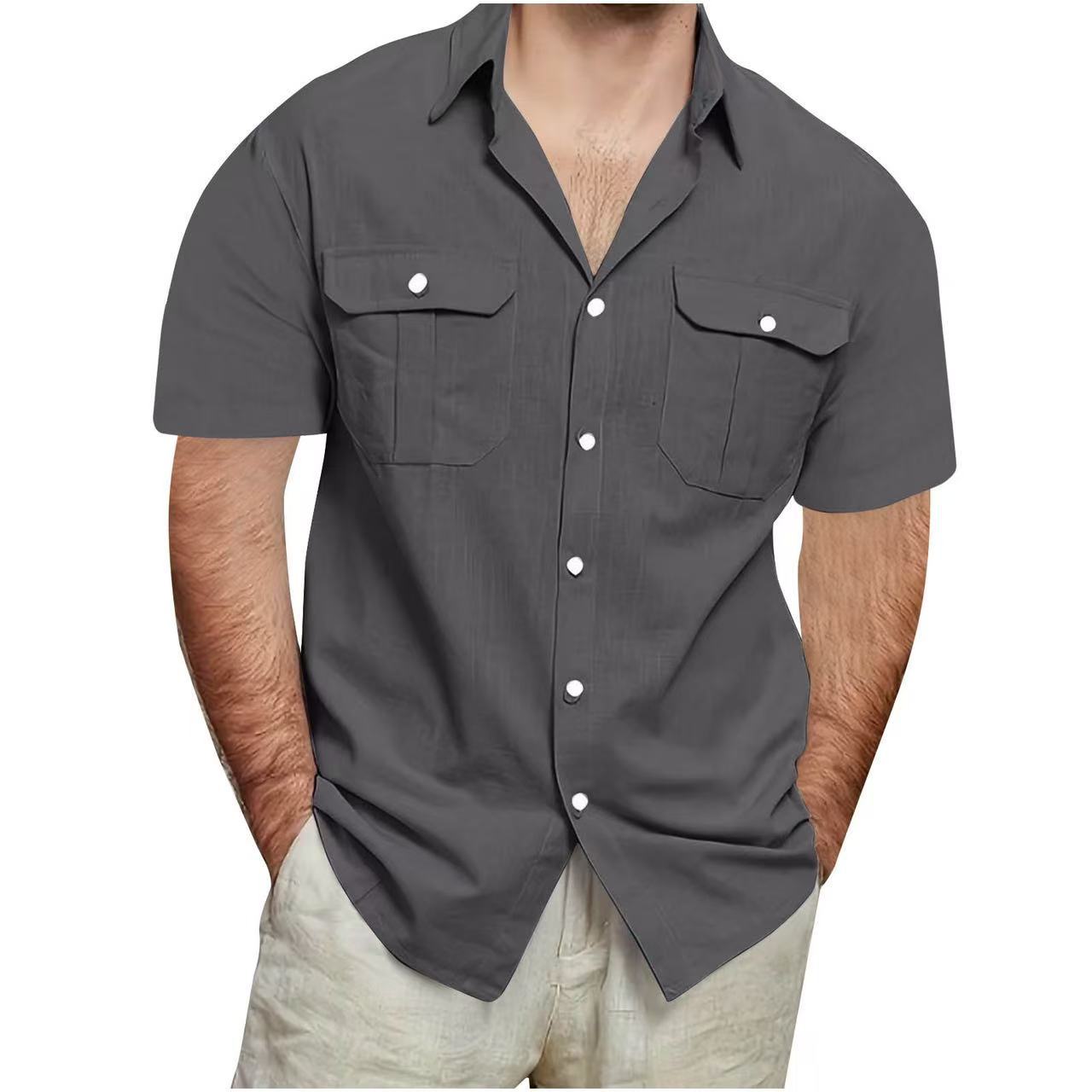 Camisa de algodón y lino de manga corta para hombre