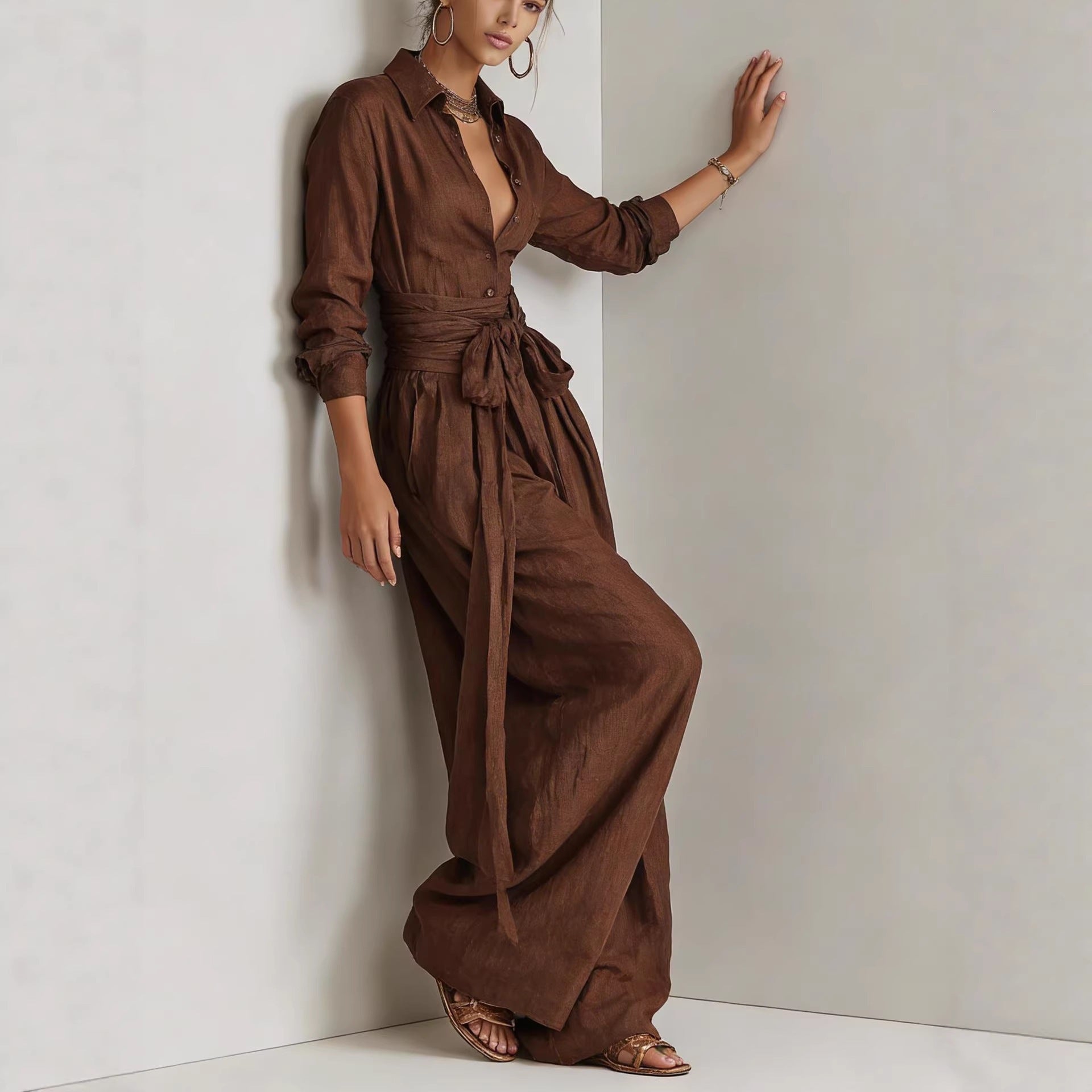 Solid-color shawl-collar top fashionable casual wear