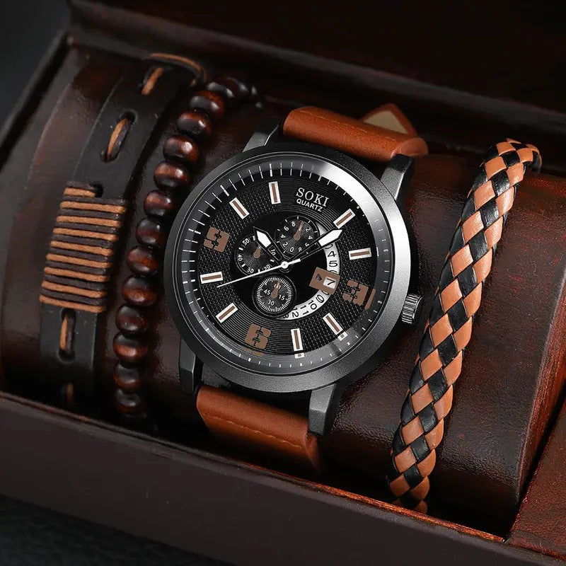 Men's Business Quartz Watch with Beaded Bracelet