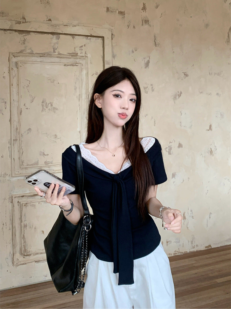 Womens Lace Splicing V-Neck Tie Waist Top