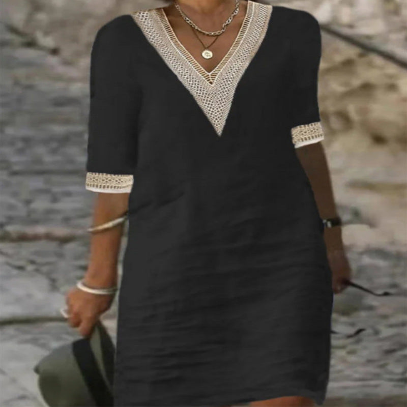 Womens V-Neck Mid-Sleeve Cotton Dress