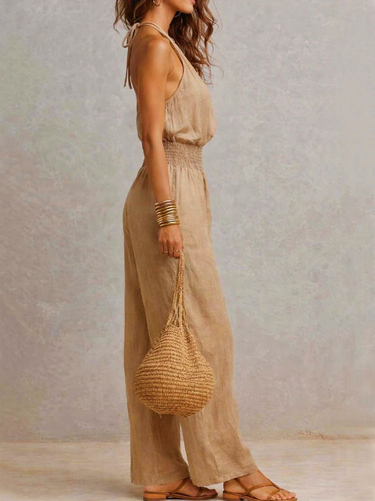 Linen European-style women's dress with backless one-piece pants