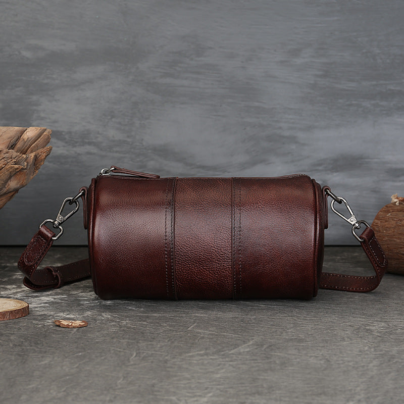Women's Genuine Leather Cylindrical Crossbody Bag Retro Style