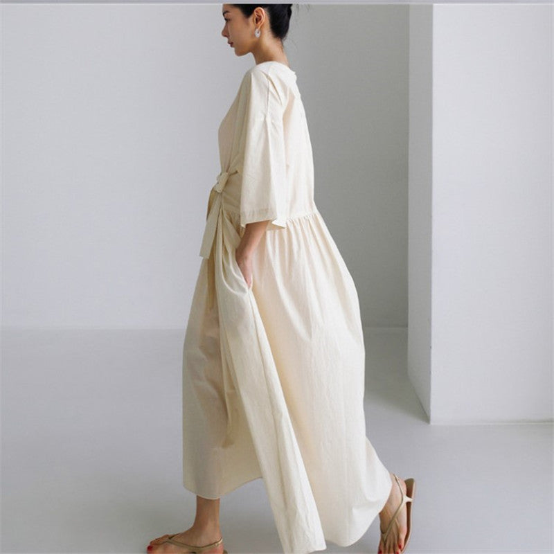 Loose Round Neck Knee Length Cotton Dress