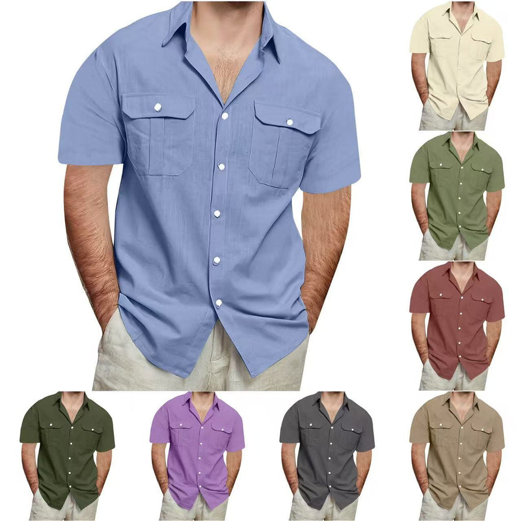 Camisa de algodón y lino de manga corta para hombre