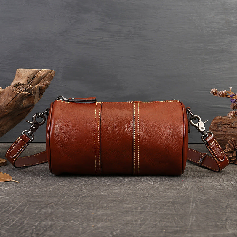 Women's Genuine Leather Cylindrical Crossbody Bag Retro Style