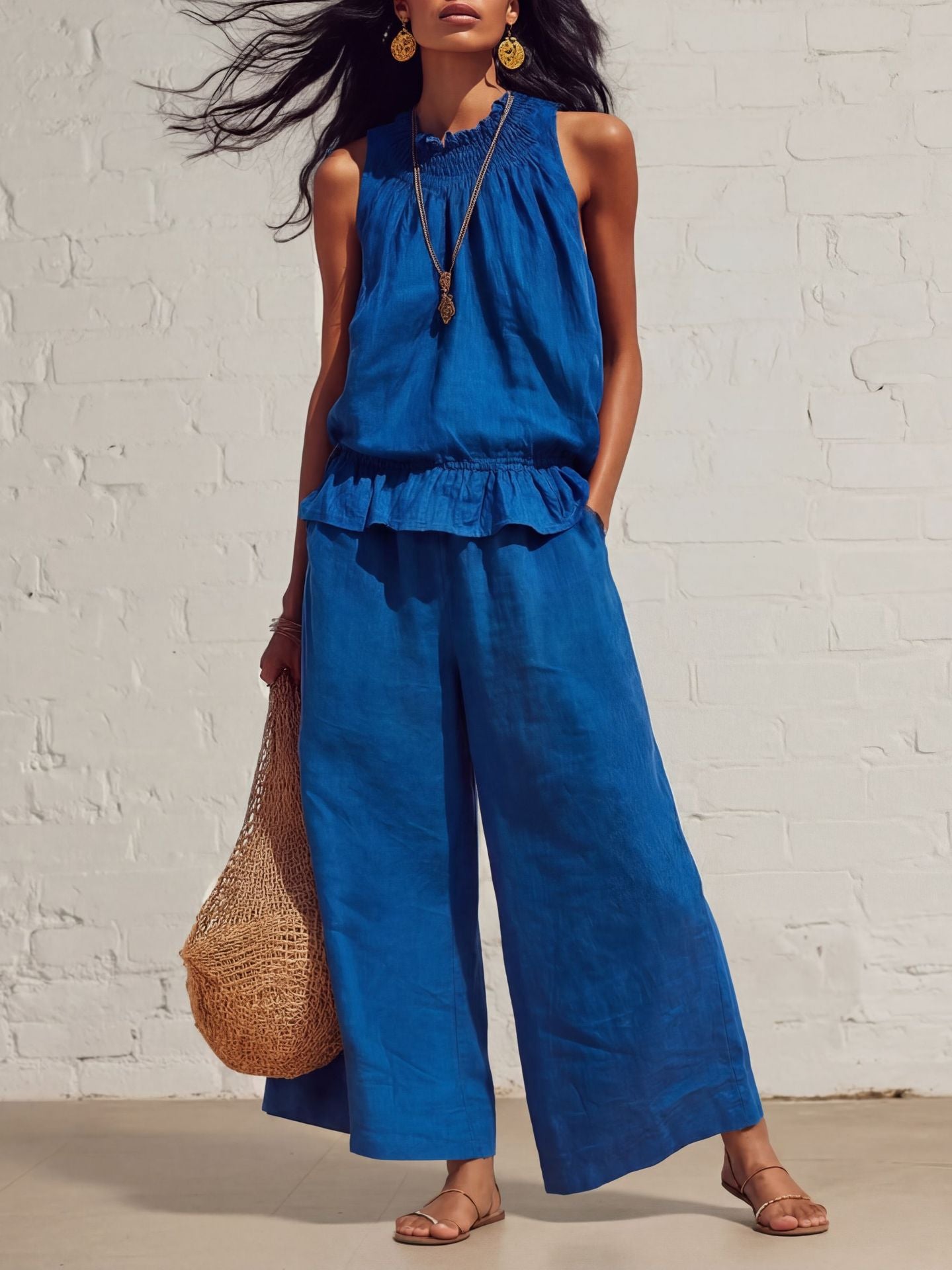 Women's Sleeveless Linen Two-Piece Set with Wide-Leg Pants