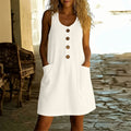 Women Casual Solid Color Button U Neck Sleeveless Cotton Linen Midi Dress