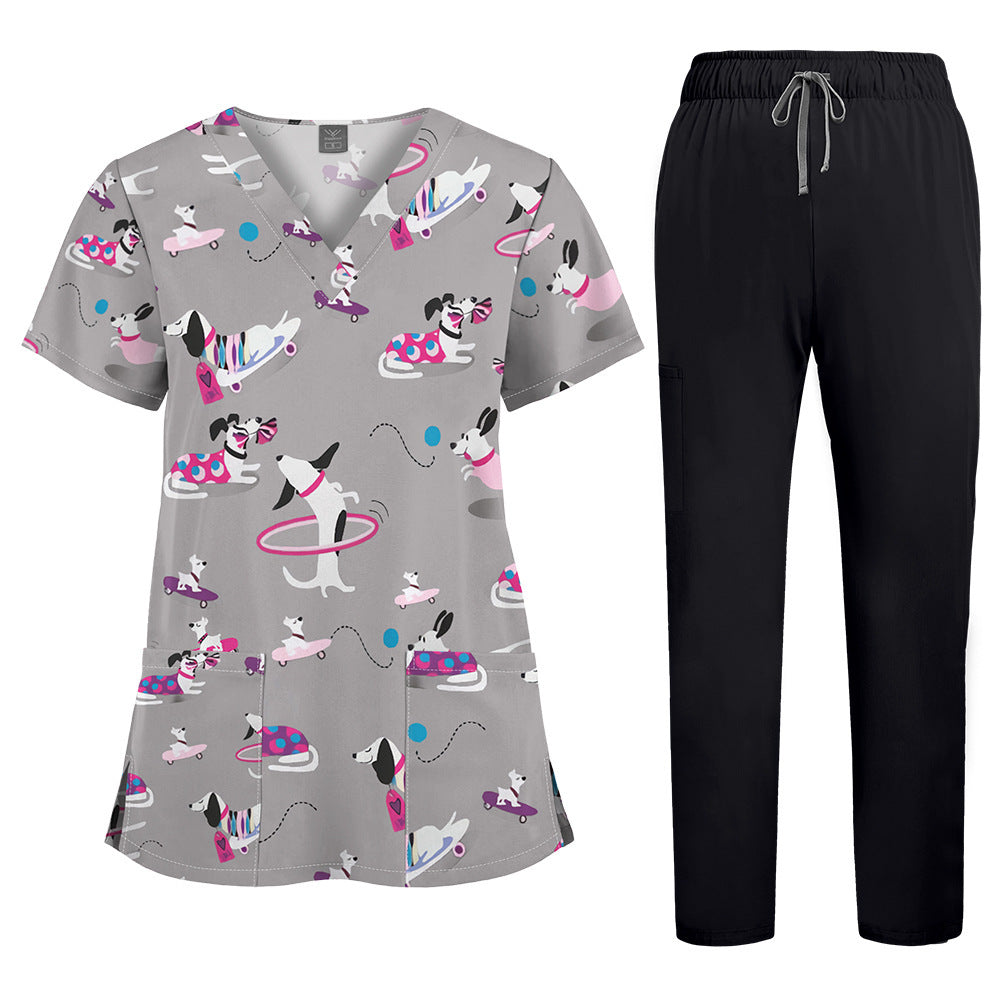 Printed V-Neck Short Sleeve Nurse Uniform Set