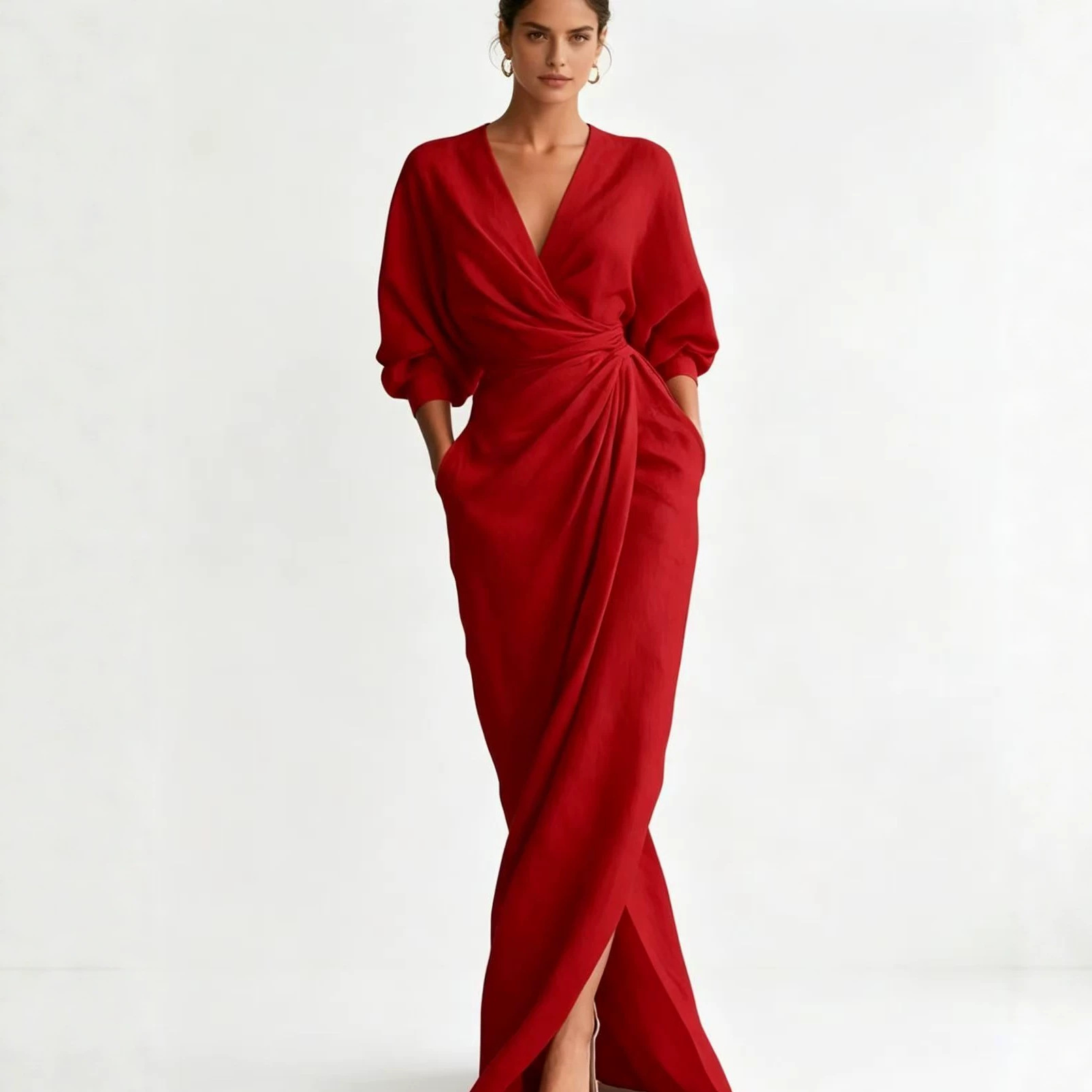 Womens Solid Color V-Neck Long Sleeve Dress