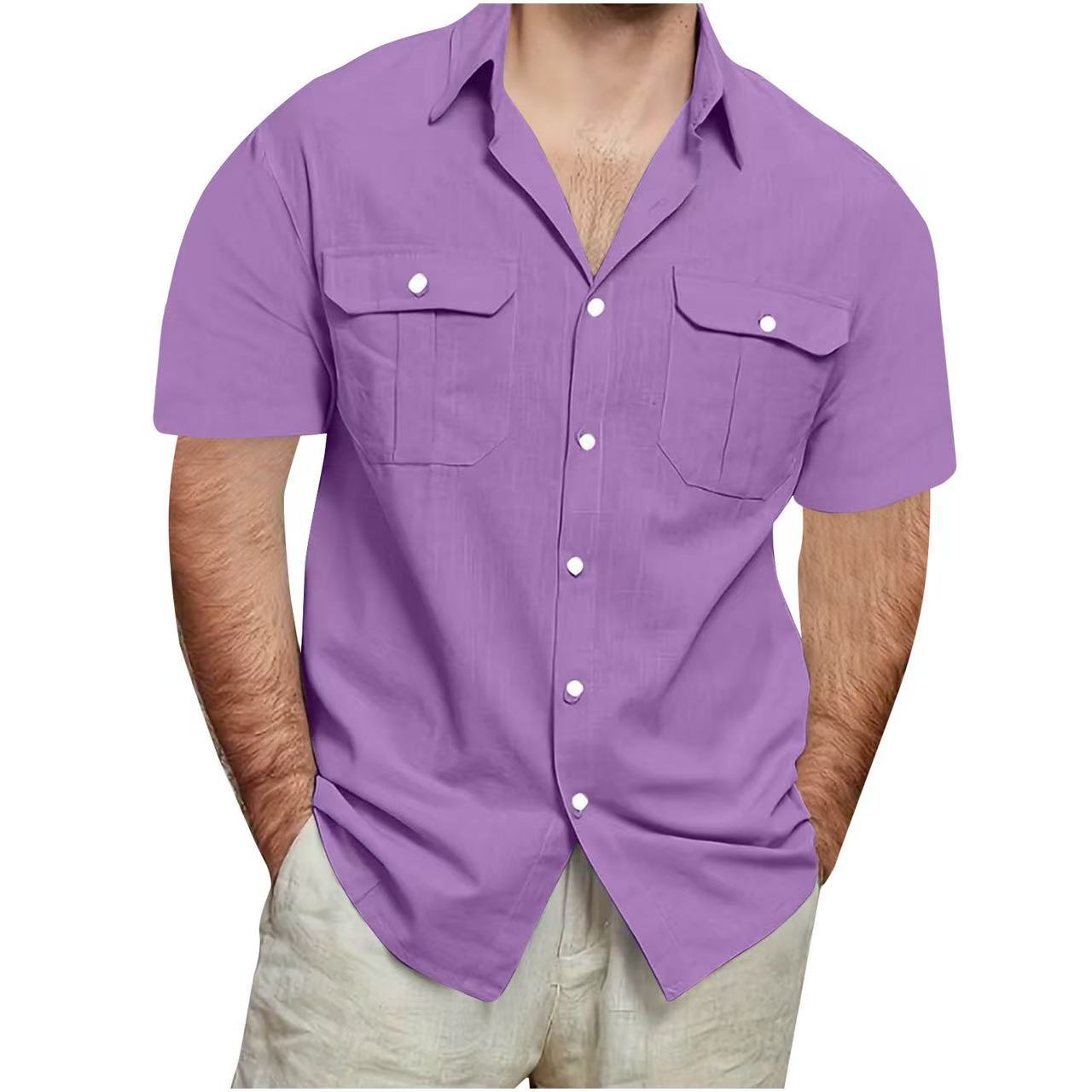 Camisa de algodón y lino de manga corta para hombre