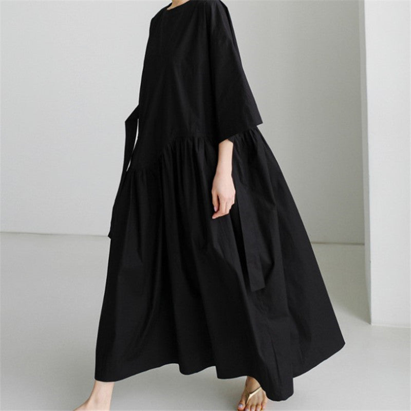 Loose Round Neck Knee Length Cotton Dress