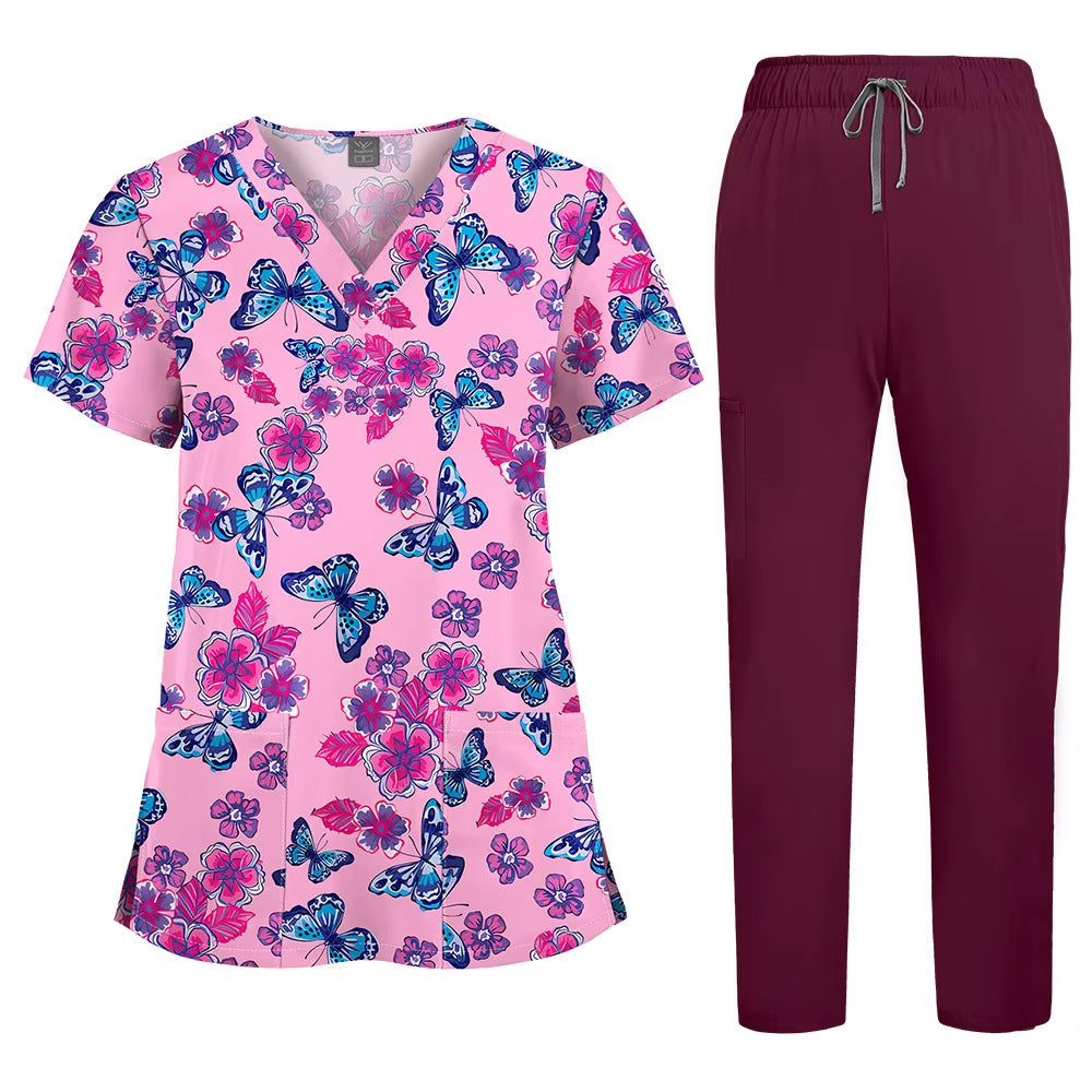 Printed V-Neck Short Sleeve Nurse Uniform Set
