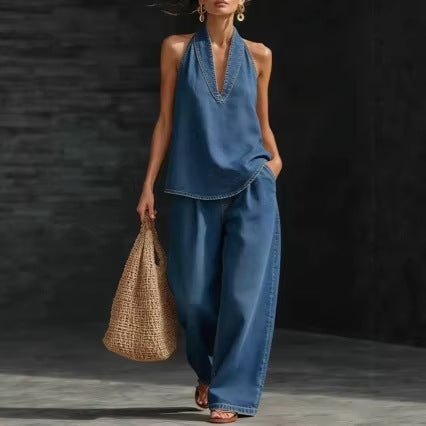 Vintage Button Denim Top and Wide-Leg Jeans Set